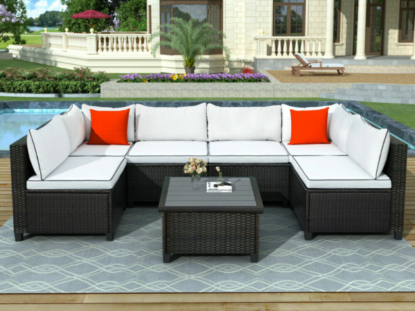 U-Style 7 Piece Outdoor Furniture Set Patio Wicker Rattan Sectional Sofa Table 2