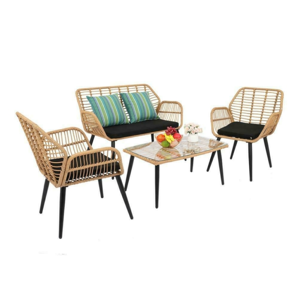 4 Piece Patio Furniture Set Sofa Chair PE Rattan Wicker Outdoor 6