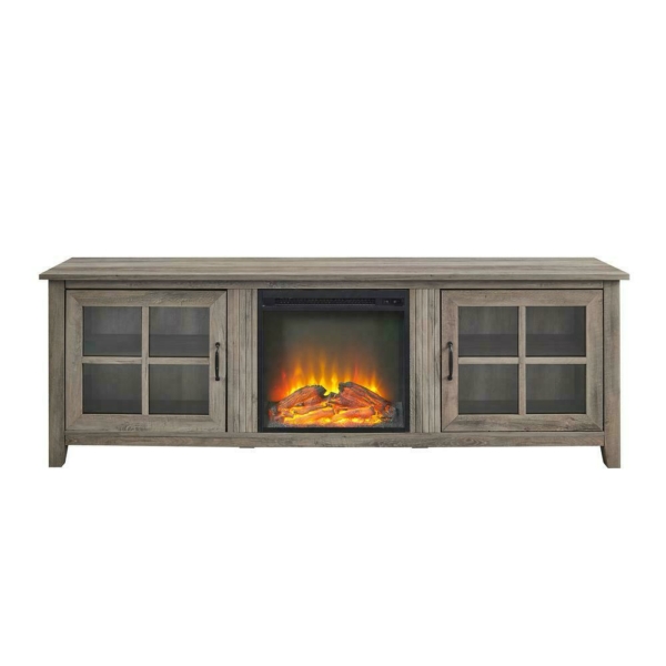 70" Farmhouse Wood Fireplace TV Stand with Glass Doors - Grey Wash 4