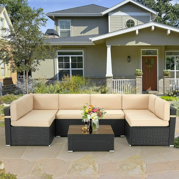 Aecojoy 7 Piece Patio Rattan Sofa Set Outdoor Wicker Sectional Furniture w/ Table 6