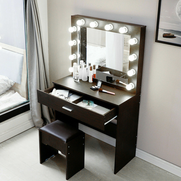 Studio Vanity Set With Lighted Mirror Cushioned Stool Dressing Table Makeup Table BK