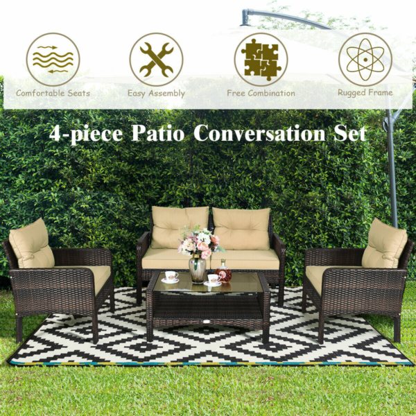 4 Piece Patio Rattan Furniture Set Loveseat Sofa Coffee Table Garden W/ Cushion 6