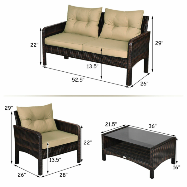 4 Piece Patio Rattan Furniture Set Loveseat Sofa Coffee Table Garden W/ Cushion 2