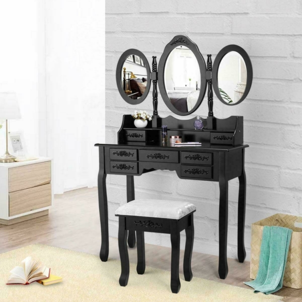 3 Mirror 7 Drawer Vanity Makeup Table Dressing Wood Desk Set with Stool black 2