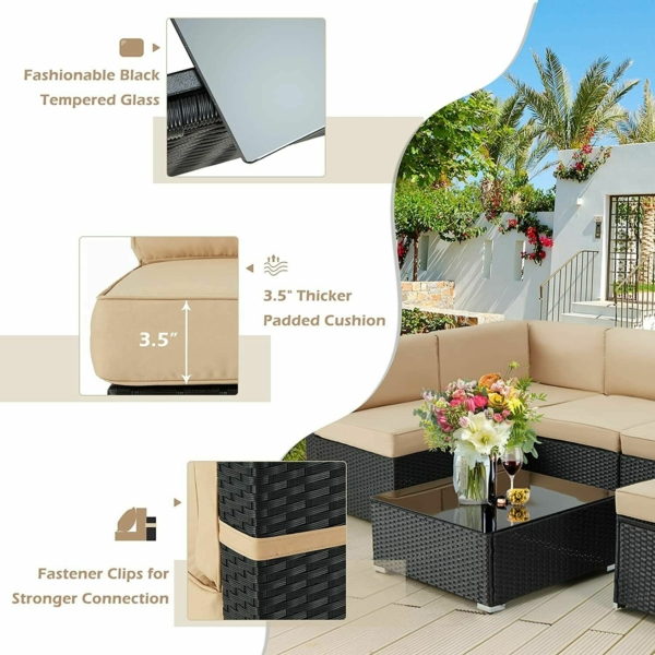 Aecojoy 7 Piece Patio Rattan Sofa Set Outdoor Wicker Sectional Furniture w/ Table 3