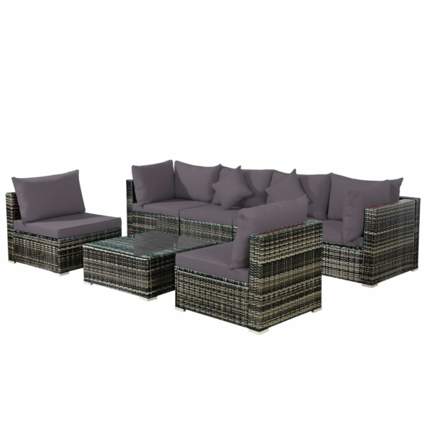 Patiojoy Patio 7PCS Rattan Furniture Set Sectional Sofa Garden - Gray Cushion 1