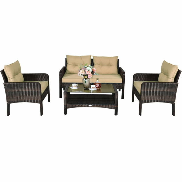 4 Piece Patio Rattan Furniture Set Loveseat Sofa Coffee Table Garden W/ Cushion 10