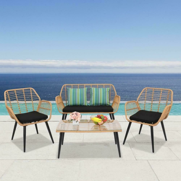 4 Piece Patio Furniture Set Sofa Chair PE Rattan Wicker Outdoor 2