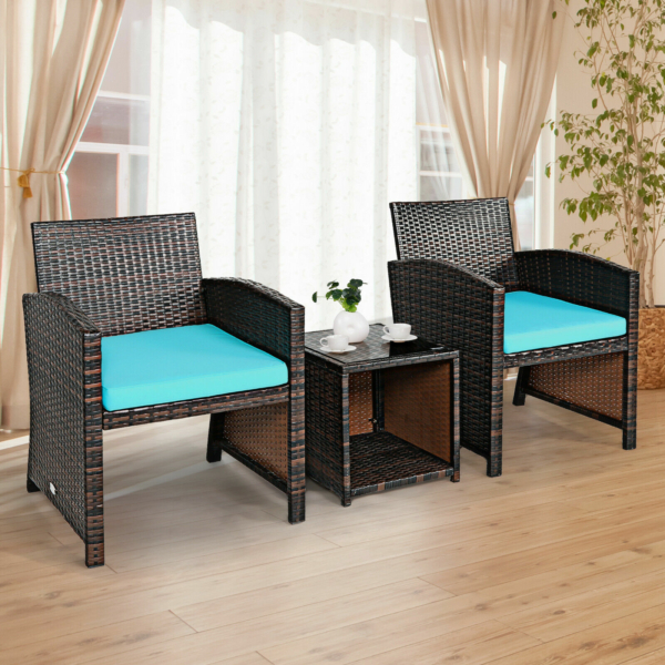 Patiojoy 3 Piece Patio Rattan Wicker Furniture Cushion Sofa Coffee Table - Turquoise 4