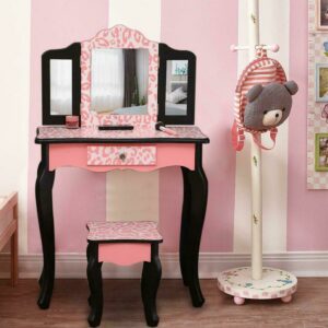 Kids Vanity Table Makeup Set for W/ Drawers Dressing Desk w/ Mirror Stool