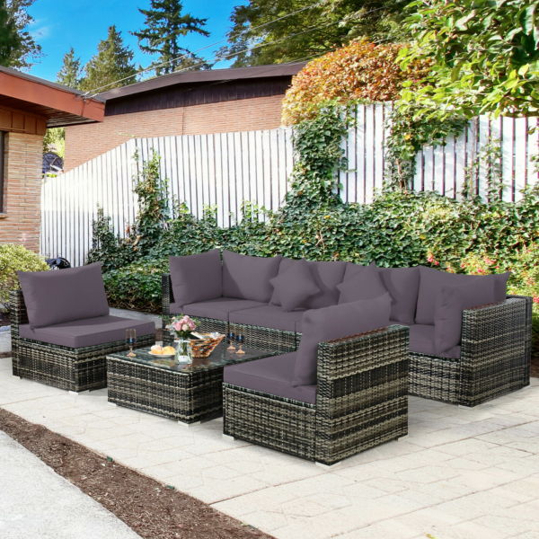Patiojoy Patio 7PCS Rattan Furniture Set Sectional Sofa Garden - Gray Cushion 5