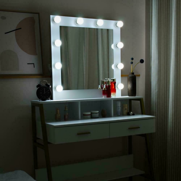 Double Drawers Vanity Set with Lighted Mirror Makeup Dressing Table w/ 9 Led Bulbs 2
