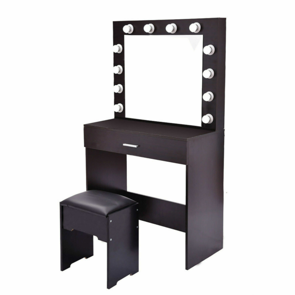 Studio Vanity Set With Lighted Mirror Cushioned Stool Dressing Table Makeup Table BK 1
