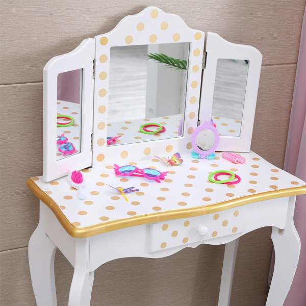 Vanity Table Set Makeup Dressing Table Kids Girls Stool Mirror with Drawer White 3
