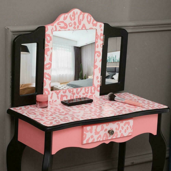 Kids Vanity Table Makeup Set for W/ Drawers Dressing Desk w/ Mirror Stool 6