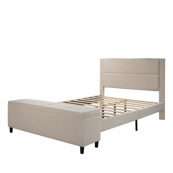 Hillsbury Queen Size Upholstered Bed Frame with Cushioned Ottoman 7
