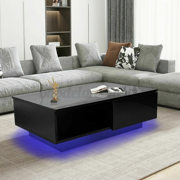 Modern LED Coffee Table with Glossy Drawer End Table Black Living Room Furniture 1