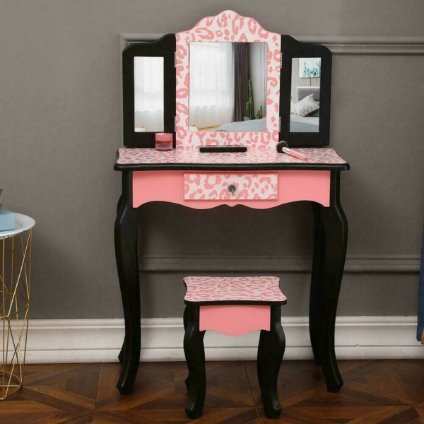 Kids Vanity Table Makeup Set for W/ Drawers Dressing Desk w/ Mirror Stool 5