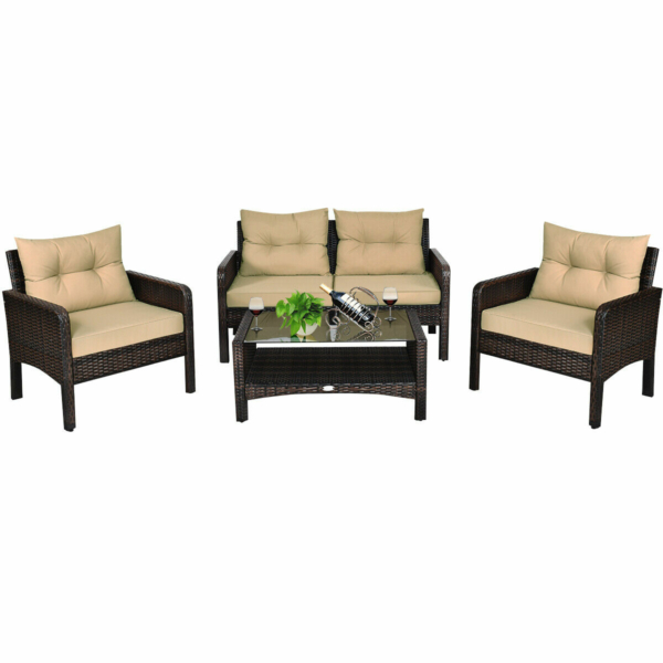 4 Piece Patio Rattan Furniture Set Loveseat Sofa Coffee Table Garden W/ Cushion 9