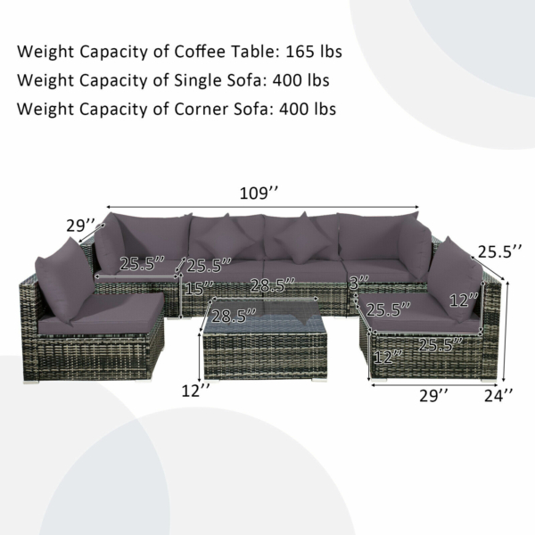 Patiojoy Patio 7PCS Rattan Furniture Set Sectional Sofa Garden - Gray Cushion 2