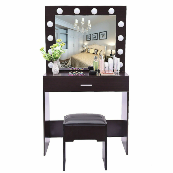 Studio Vanity Set With Lighted Mirror Cushioned Stool Dressing Table Makeup Table BK 8