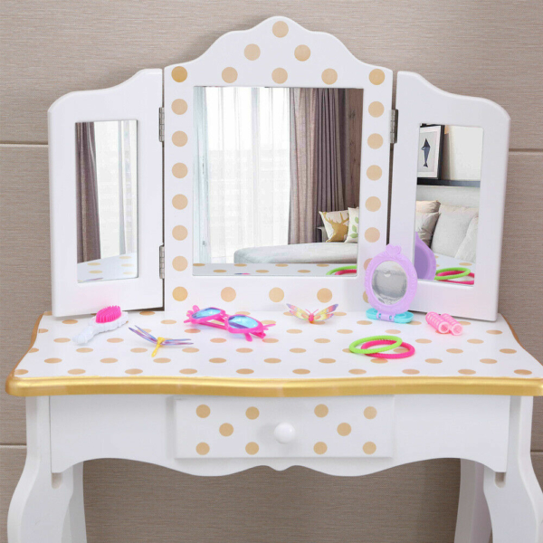 Vanity Table Set Makeup Dressing Table Kids Girls Stool Mirror with Drawer White 2