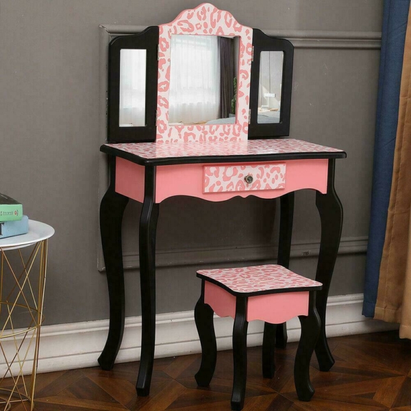Kids Vanity Table Makeup Set for W/ Drawers Dressing Desk w/ Mirror Stool 2