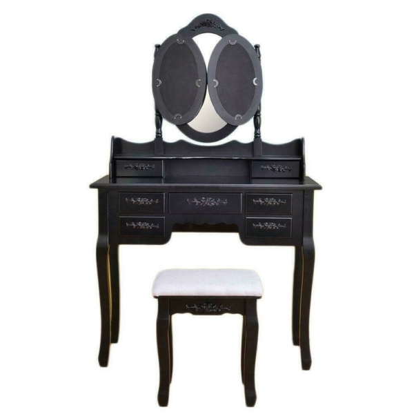 3 Mirror 7 Drawer Vanity Makeup Table Dressing Wood Desk Set with Stool black 4