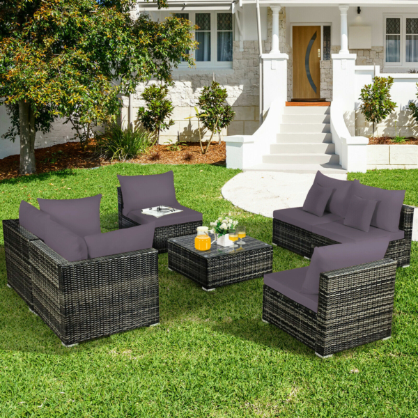 Patiojoy Patio 7PCS Rattan Furniture Set Sectional Sofa Garden - Gray Cushion 4