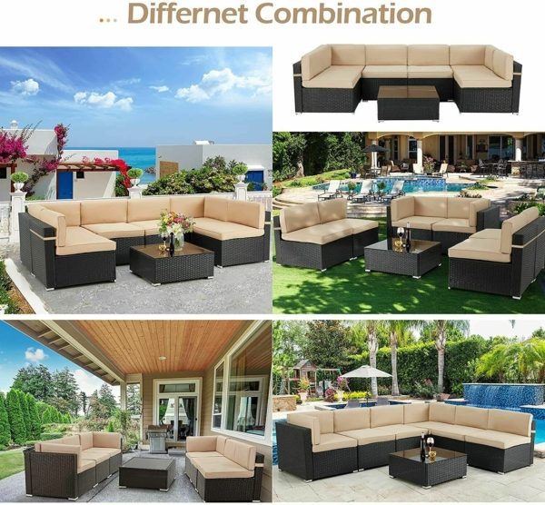 Aecojoy 7 Piece Patio Rattan Sofa Set Outdoor Wicker Sectional Furniture w/ Table 1
