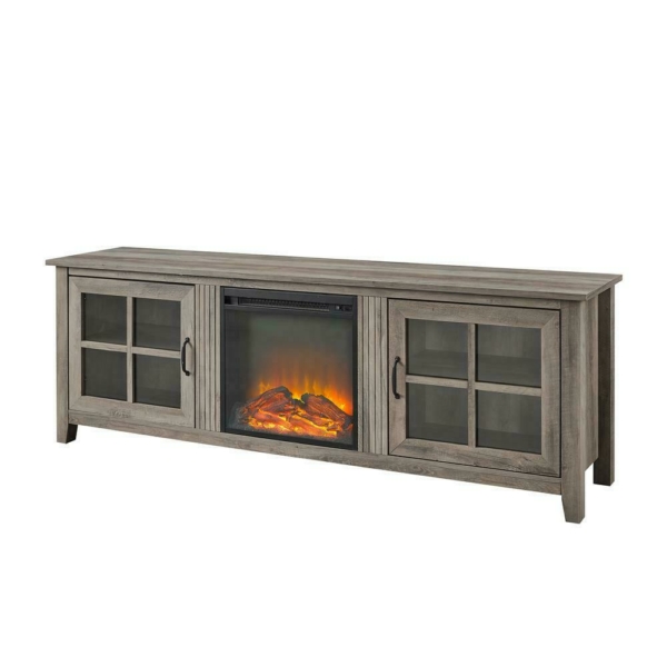 70" Farmhouse Wood Fireplace TV Stand with Glass Doors - Grey Wash 3