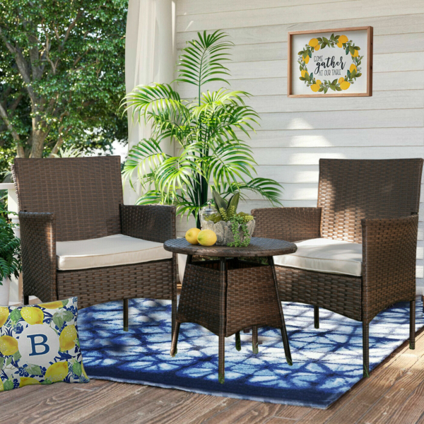 3 Piece Outdoor Wicker Chair Set Rattan Patio Furniture Seat Cushions with Table