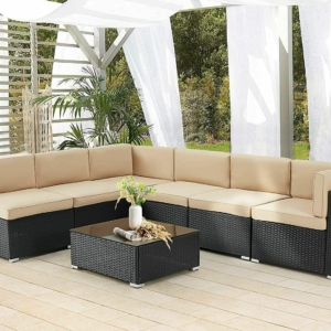 Aecojoy 7 Piece Patio Rattan Sofa Set Outdoor Wicker Sectional Furniture w/ Table