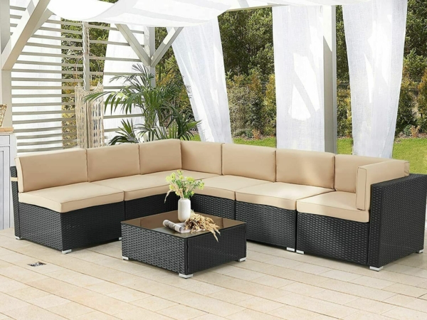 Aecojoy 7 Piece Patio Rattan Sofa Set Outdoor Wicker Sectional Furniture w/ Table