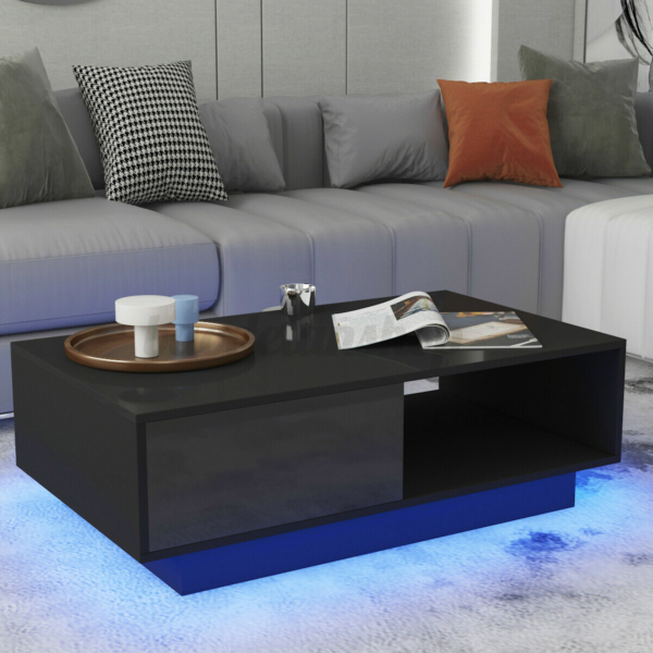 Modern LED Coffee Table with Glossy Drawer End Table Black Living Room Furniture 3
