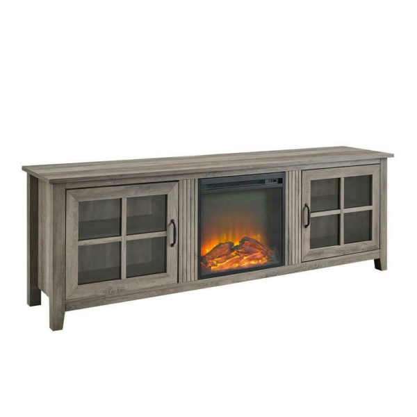 70" Farmhouse Wood Fireplace TV Stand with Glass Doors - Grey Wash 1