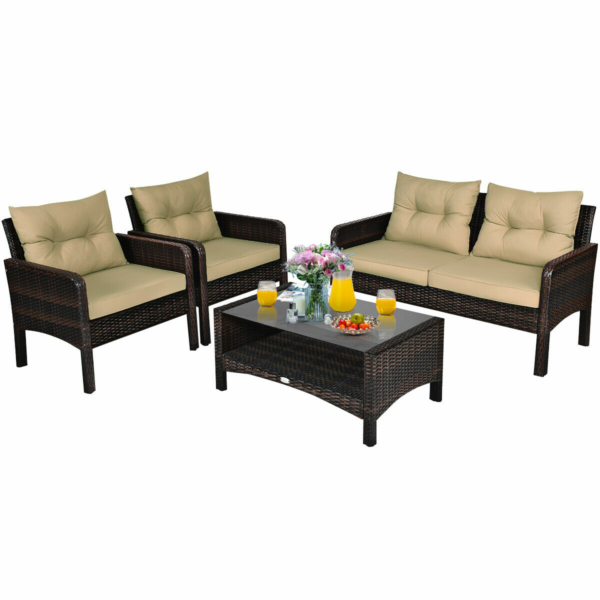 4 Piece Patio Rattan Furniture Set Loveseat Sofa Coffee Table Garden W/ Cushion 1