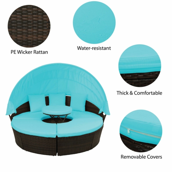 Patio Furniture Round Wicker Sectional Sofa Set Rattan Daybed Sunbed with Table 6