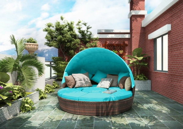 Patio Furniture Round Wicker Sectional Sofa Set Rattan Daybed Sunbed with Table