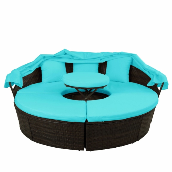 Patio Furniture Round Wicker Sectional Sofa Set Rattan Daybed Sunbed with Table 2