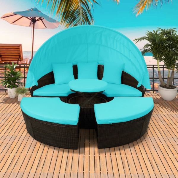 Patio Furniture Round Wicker Sectional Sofa Set Rattan Daybed Sunbed with Table 1